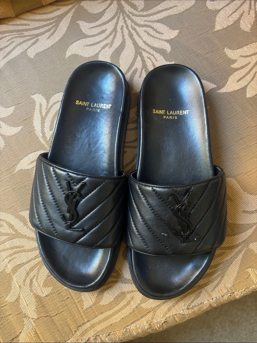 Saint Laurent Black Quilted YSL Logo Slide Sandals